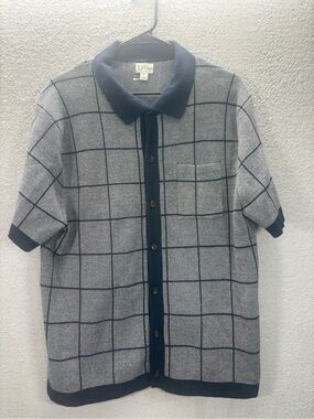 J. Crew Navy and Light Gray Windowpane Knit Polo Cardigan
